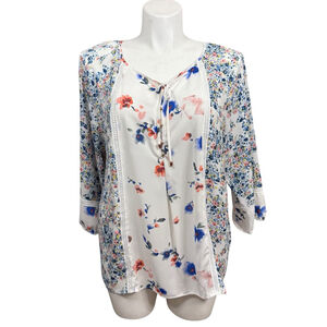 Ivanka Trump Floral Tie Neck Blouse Size XL Blue White Top
